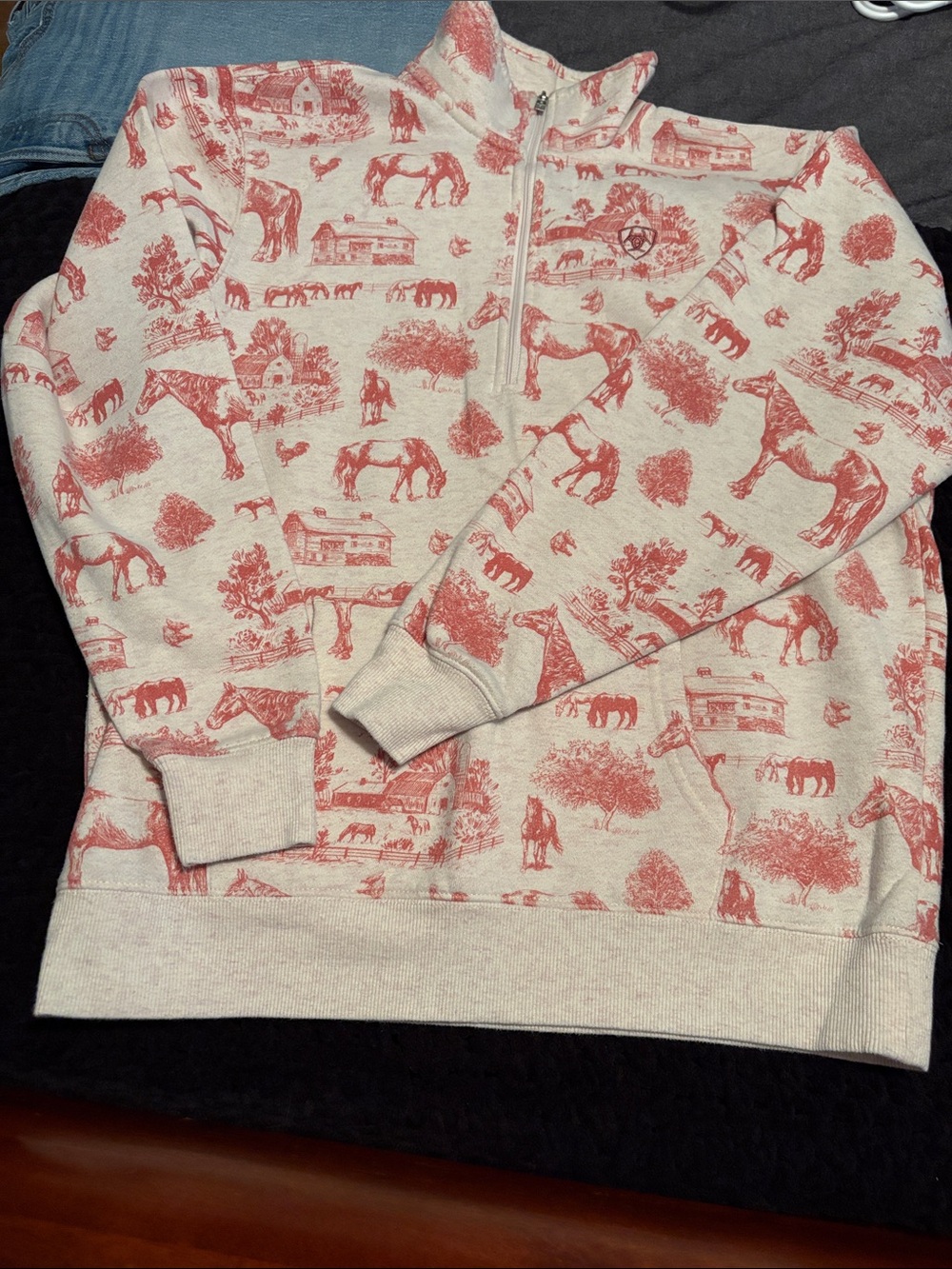 Ariat Cream Quarter-Zip Sweatshirt with Red Equestrian Print